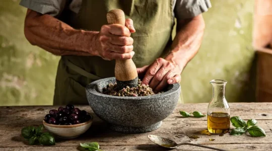 Une cuisinière pilonnant des olives et des câpres dans un mortier en granit dans une cuisine provençale.