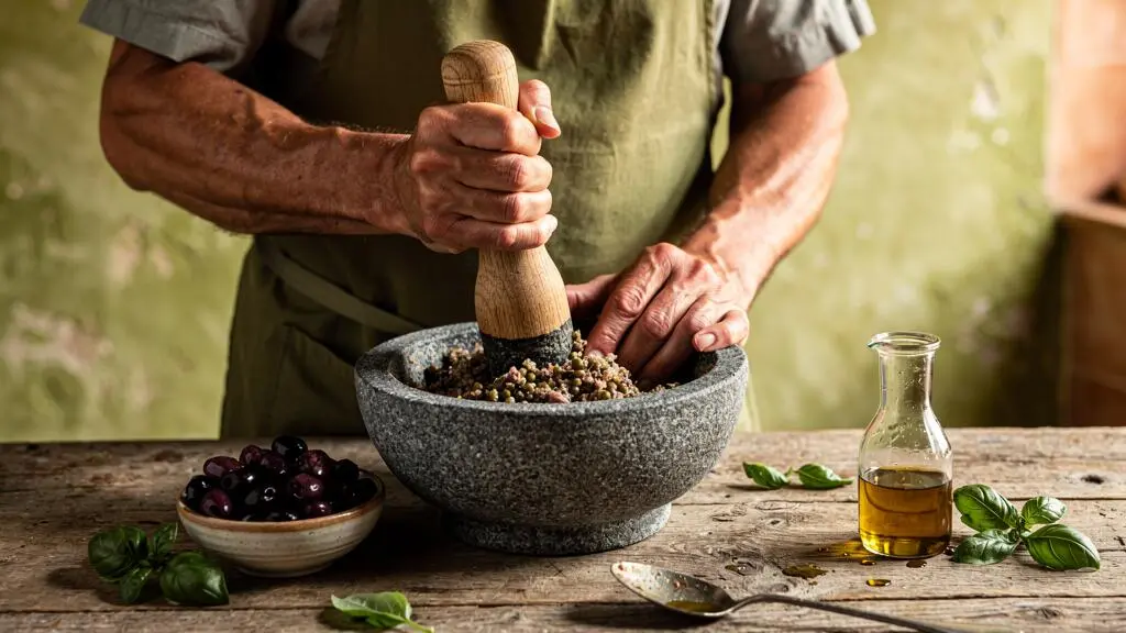 Une cuisinière pilonnant des olives et des câpres dans un mortier en granit dans une cuisine provençale.