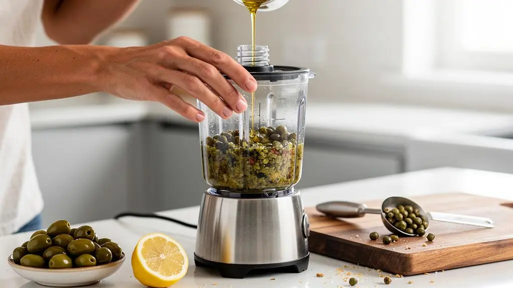 Une personne verse de l'huile d'olive dans un mixeur en préparant une tapenade dans une cuisine moderne.