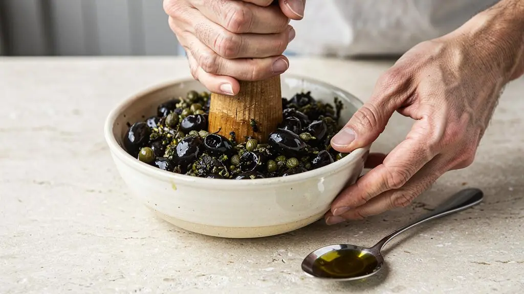 Des mains écrasant des olives et des câpres au pilon en bois dans un bol en céramique.